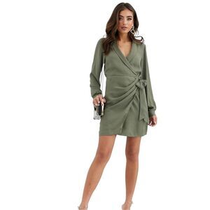 ASOS DESIGN Women’s 8 Collared Wrap Mini Dress Khaki Green NEW